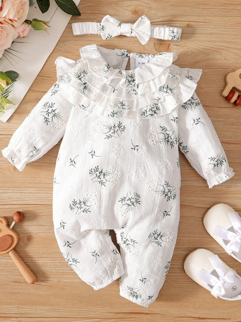 Baby Jenter Sweet Floral Print Ruffle Sleeve Jumpsuit & Hårbånd Babyklær