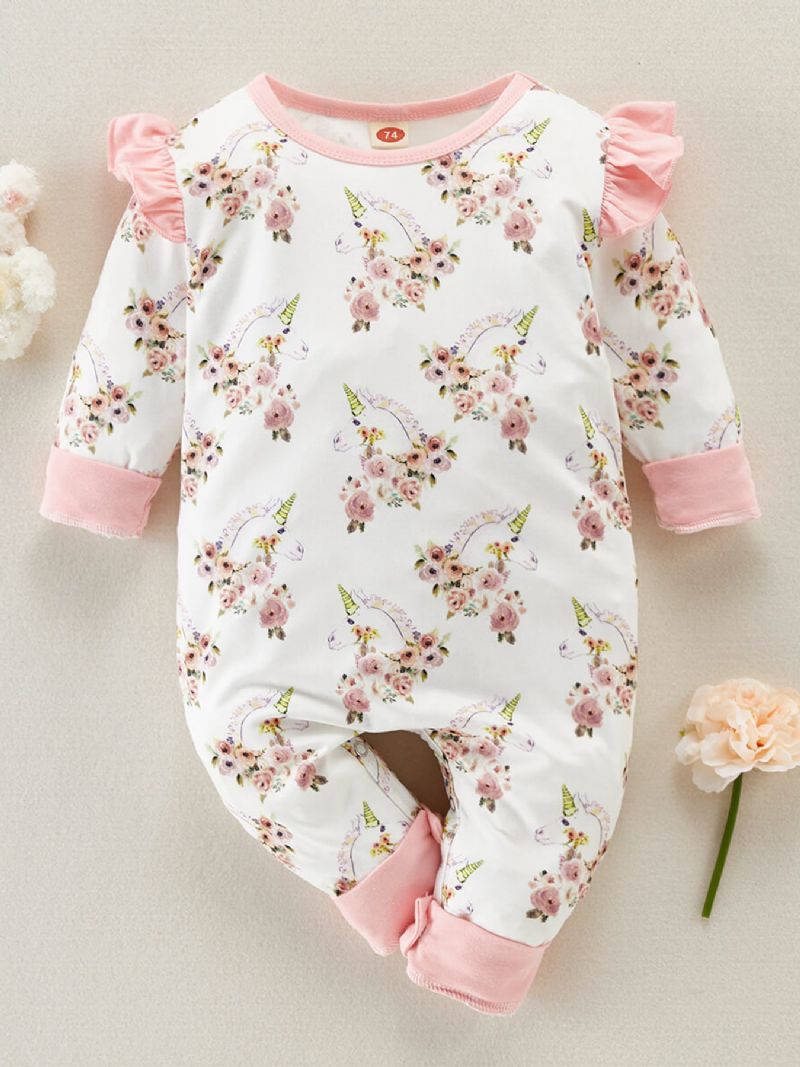 Baby Jenter Unicorn Blomstertrykt Volanger Jumpsuit