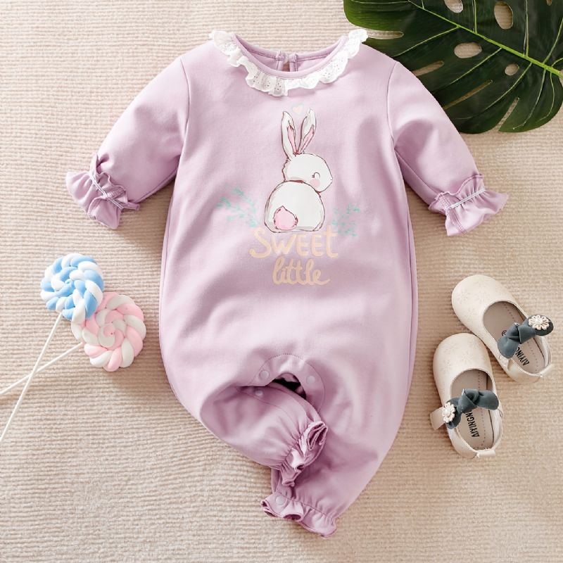 Baby Jumpsuit Kanin Sløyfe Lace Cotton Crew Neck Langermet