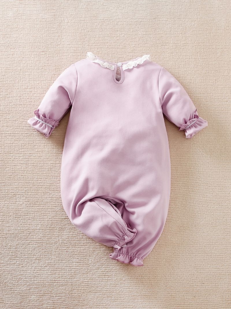 Baby Jumpsuit Kanin Sløyfe Lace Cotton Crew Neck Langermet