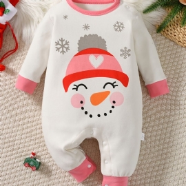 Baby Romper Snowman Print Langermet Rundhals Jumpsuit Jenter Gutter Barneklær