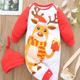 Gutter Jenter Reinsdyr Print Langermet Romper Jumpsuit + Hat Set Babyklær Til Jul