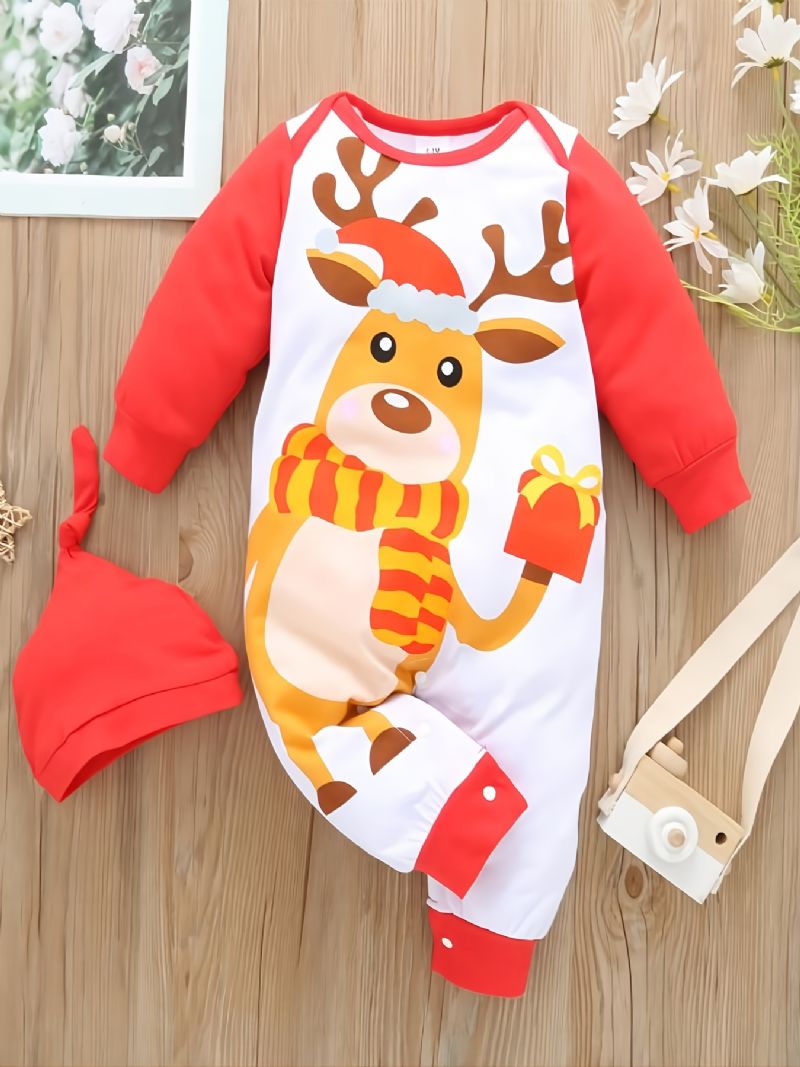Gutter Jenter Reinsdyr Print Langermet Romper Jumpsuit + Hat Set Babyklær Til Jul