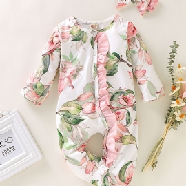 Jenter Blomstertrykk Langermet Jumpsuit Med Ruffle Design + Pannebånd Babyklær