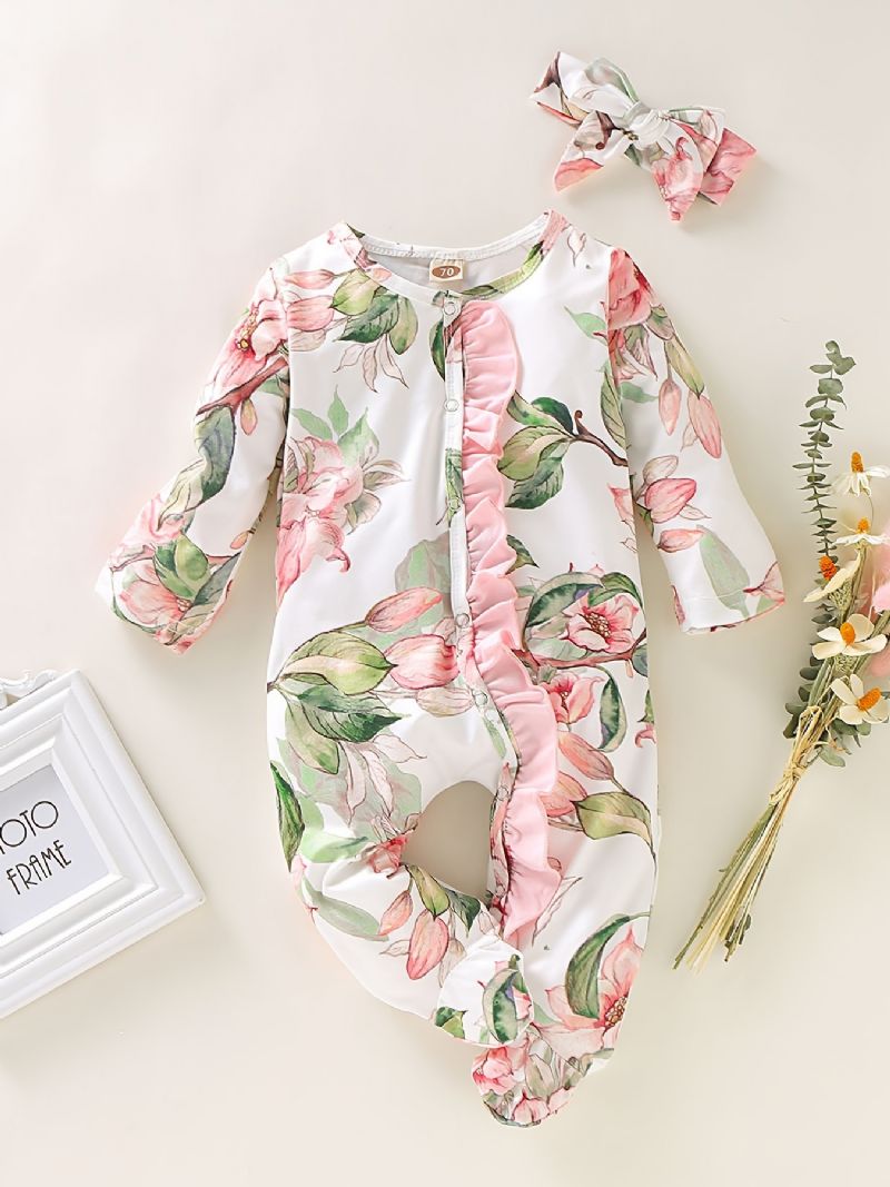 Jenter Blomstertrykk Langermet Jumpsuit Med Ruffle Design + Pannebånd Babyklær