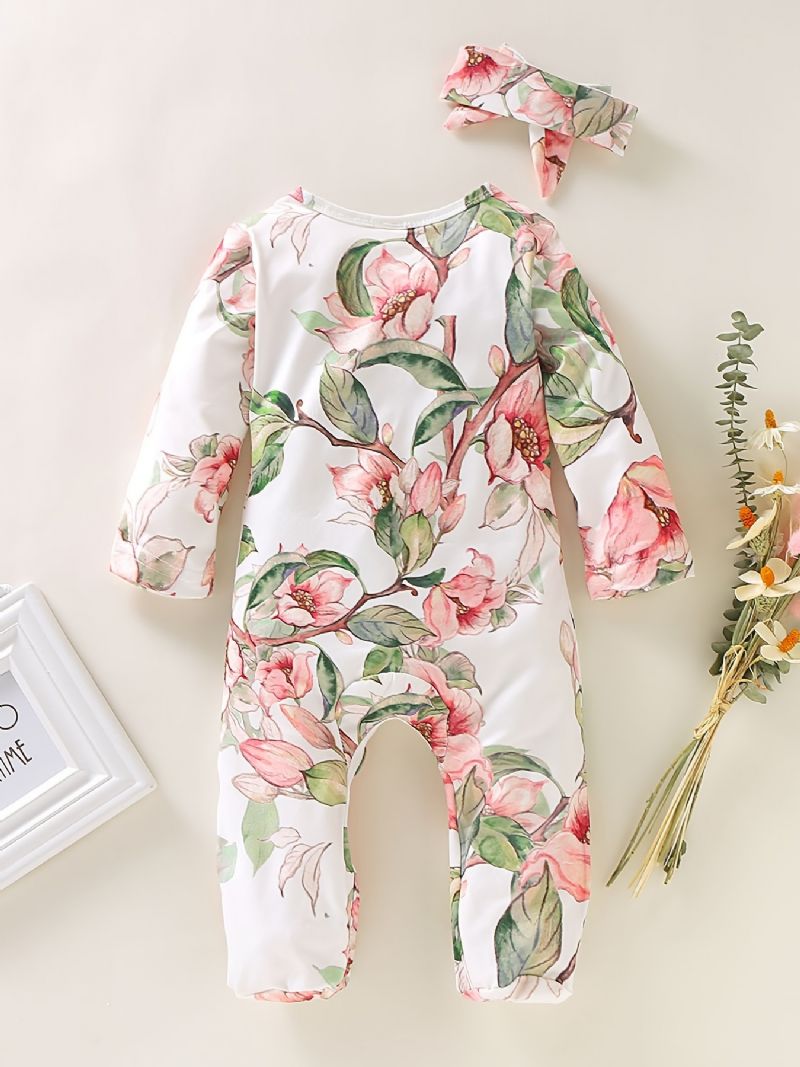 Jenter Blomstertrykk Langermet Jumpsuit Med Ruffle Design + Pannebånd Babyklær