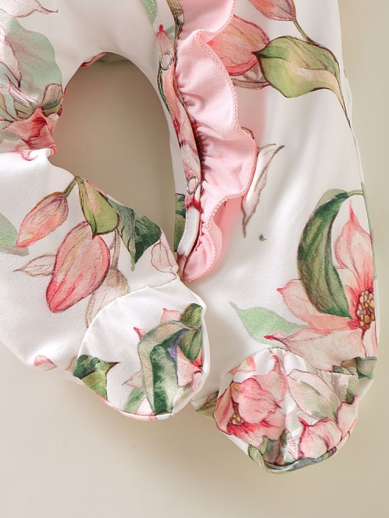 Jenter Blomstertrykk Langermet Jumpsuit Med Ruffle Design + Pannebånd Babyklær