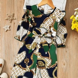 Jenter Casual Woven Bow Belted Printed Jumpsuit Bukser