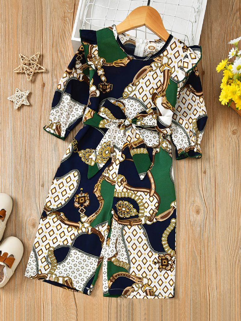 Jenter Casual Woven Bow Belted Printed Jumpsuit Bukser