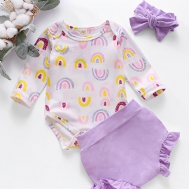 Jenter Regnbuetrykk Langermet Jumpsuit + Ensfarget Ruffle Shorts Sett Babyklær For Våren Høsten