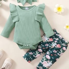 Jenter Ribbet Ruffle Skulder Langermet Jumpsuit + Blomsterprint Bukser + Pannebåndsett Babyklær