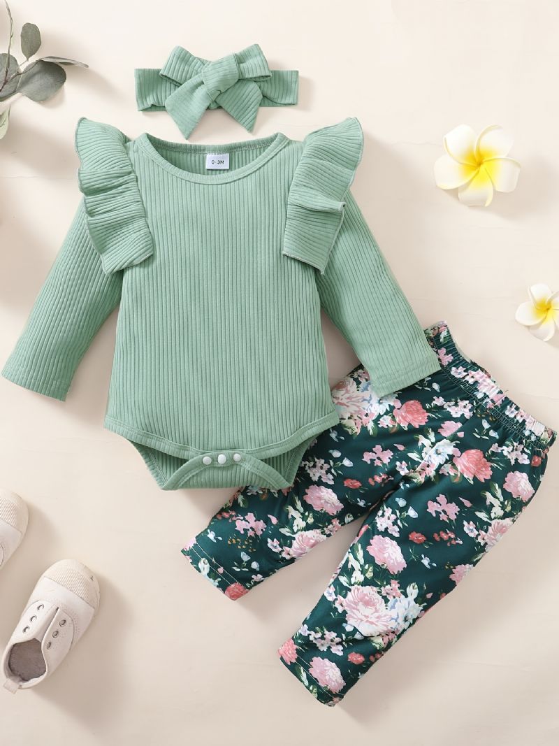 Jenter Ribbet Ruffle Skulder Langermet Jumpsuit + Blomsterprint Bukser + Pannebåndsett Babyklær
