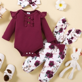 Jenter Ruffle Shoulder Langermet Jumpsuit + Blomsterprint Bærebukser + Pannebåndsett Babyklær