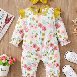 Jenter Ruffle Skulder Floral Print Langermet Lange Ben Romper Jumpsuit Babyklær