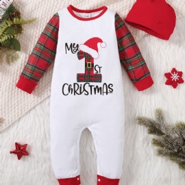 Juletrykk For Nyfødt Spedbarn Rød Rutete Langermet Jumpsuit & Hat Sett For Baby Gutter Jenter Barneklær