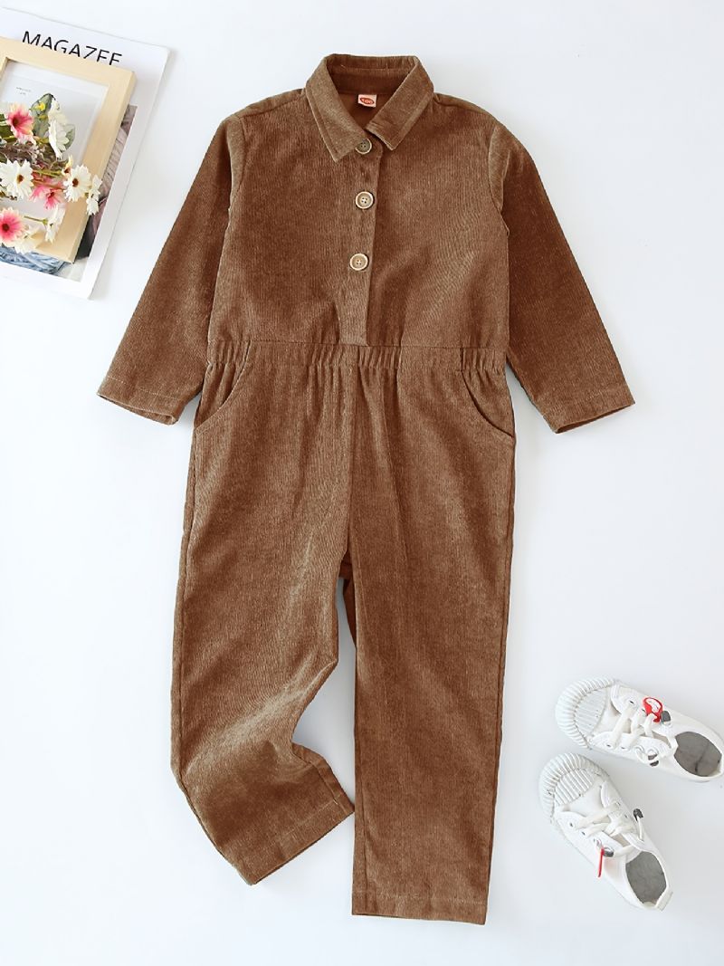 Jumpsuits For Barn Jenter Corduroy Ensfargede Langermede Jakkeslag Knapper Overalls Barneklær