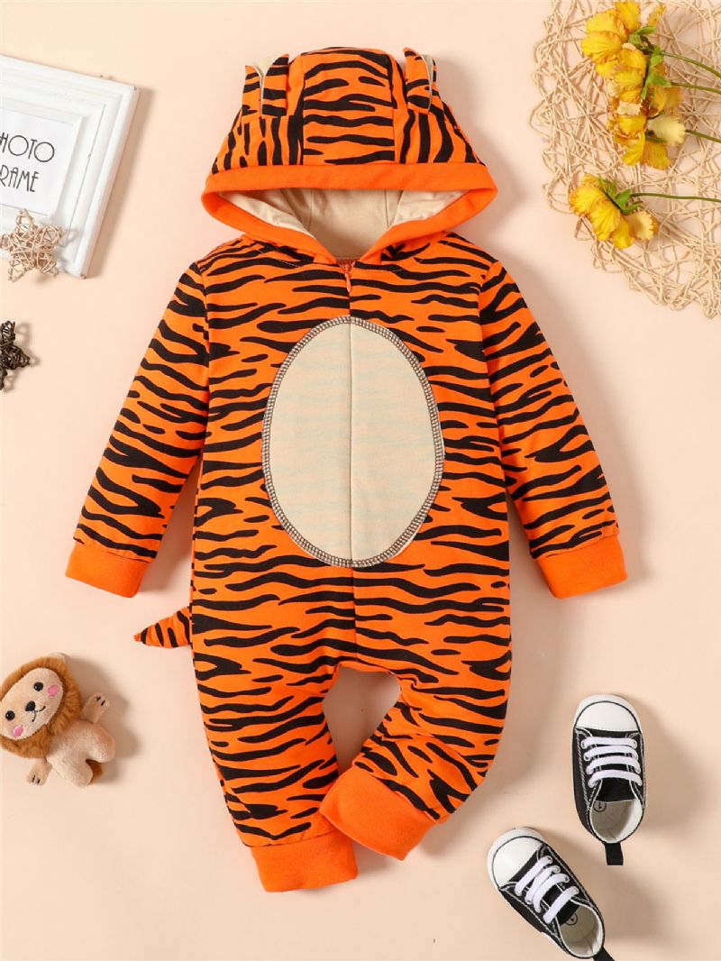 Nyfødt Baby Gutter Jenter 3d Tegneserie Dyr Tiger Jumpsuit Leopard Hettegenser Romper Playsuit Glidelås Onesies Med Hale