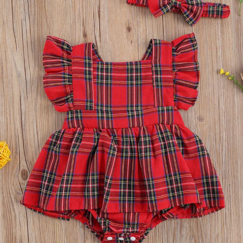 Nyfødt Baby Jente Rutete Bukse Antrekk Ryggløs Volanger Tutu Bodysuit Jul Jumpsuit Topp + Pannebånd