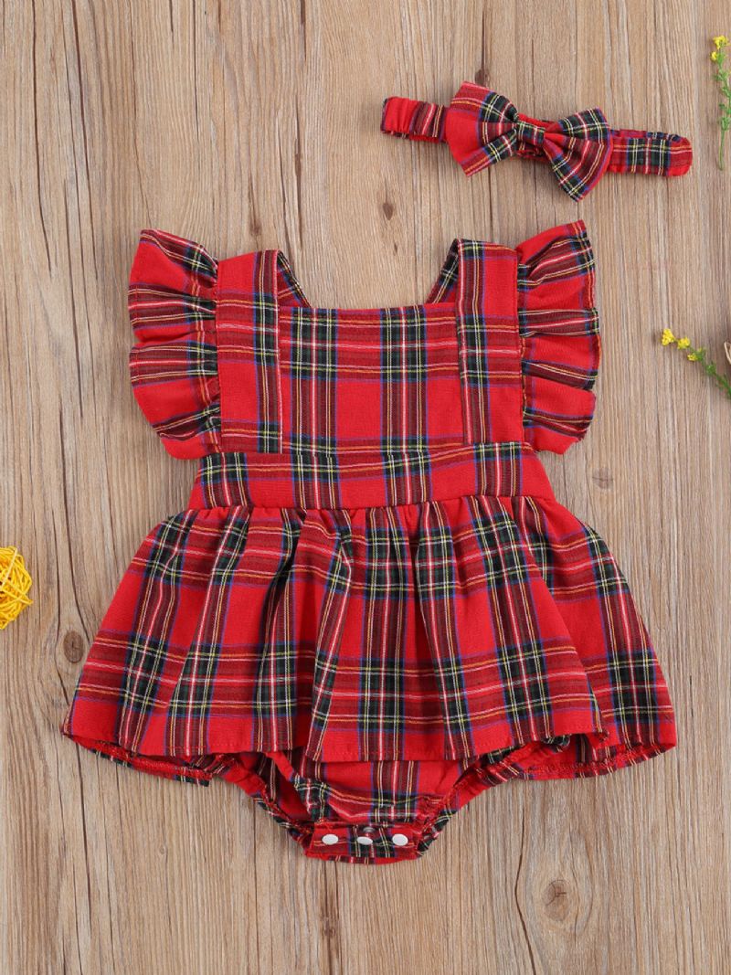 Nyfødt Baby Jente Rutete Bukse Antrekk Ryggløs Volanger Tutu Bodysuit Jul Jumpsuit Topp + Pannebånd