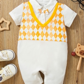 Nyfødt Spedbarn Argyle Mønster Skjøtebukse Kortermet Bowtie Jumpsuit For Småbarn Baby Gutter Jenter Barneklær