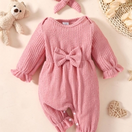 Nyfødt Spedbarn Ensfarget Sløyfe Langermet Rundhals Jumpsuit & Pannebånd For Baby Jenter Småbarnsklær