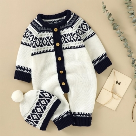 Nyfødt Spedbarn Geometrisk Mønster Genser Langermet Knapp Jumpsuit & Lue For Småbarn Baby Gutter Jenter Barneklær