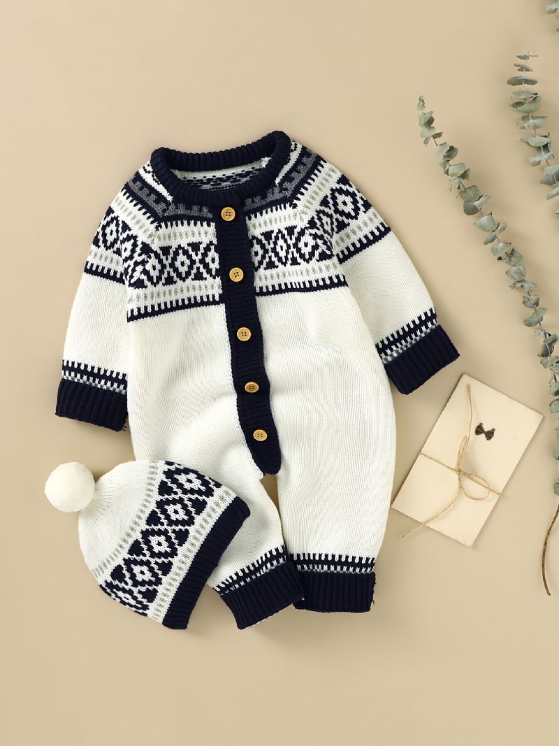 Nyfødt Spedbarn Geometrisk Mønster Genser Langermet Knapp Jumpsuit & Lue For Småbarn Baby Gutter Jenter Barneklær