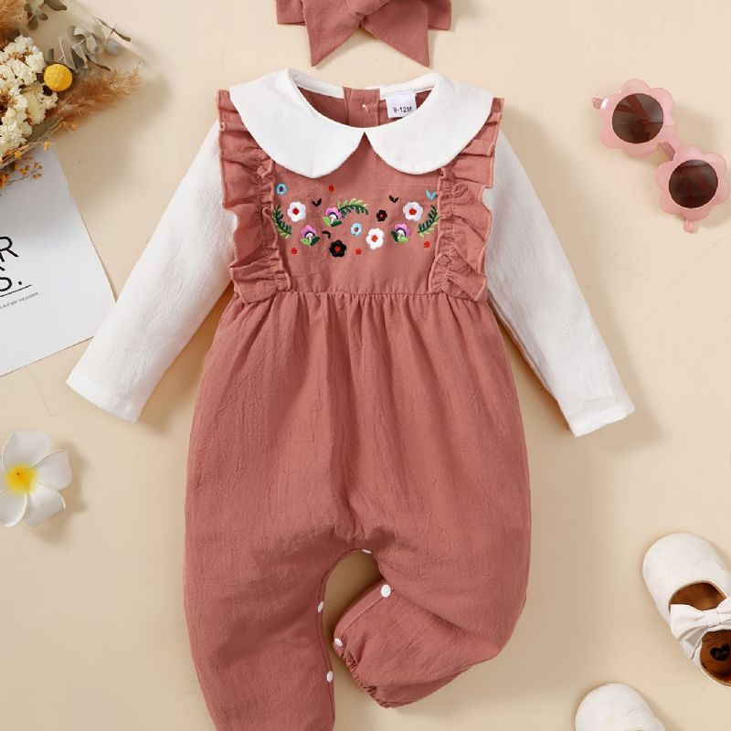 Nyfødt Spedbarn Romper Blomsterbroderi Langermet Dukkekrage Volang Jumpsuit & Pannebånd For Baby Jenter Barneklær