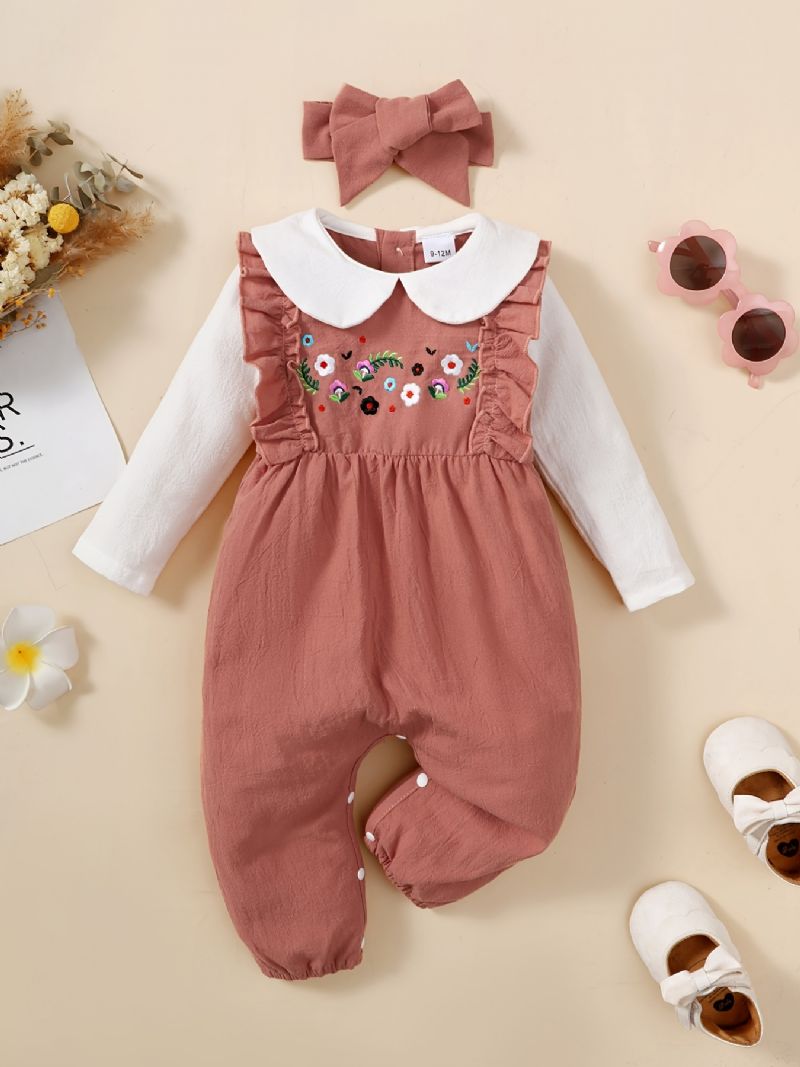 Nyfødt Spedbarn Romper Blomsterbroderi Langermet Dukkekrage Volang Jumpsuit & Pannebånd For Baby Jenter Barneklær