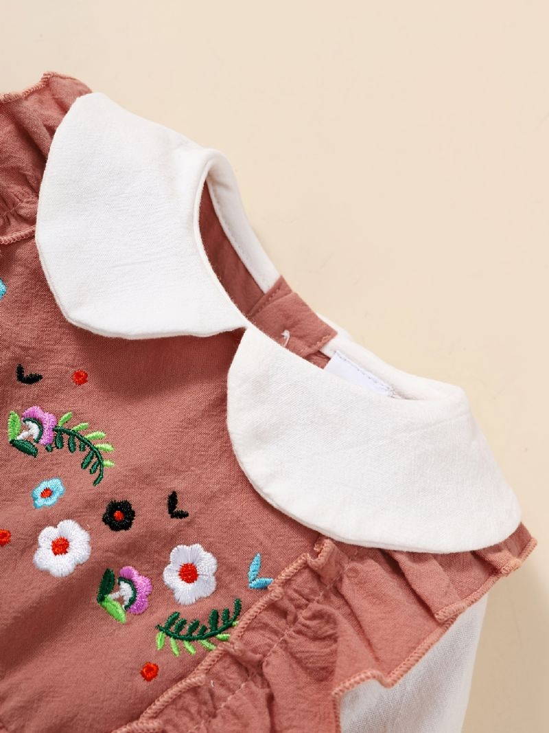 Nyfødt Spedbarn Romper Blomsterbroderi Langermet Dukkekrage Volang Jumpsuit & Pannebånd For Baby Jenter Barneklær