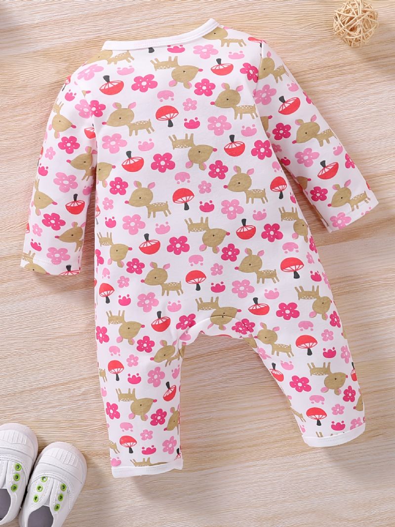 Nyfødt Spedbarn Romper Tegneserie Hjorteblomster Print Langermet Rundhals Jumpsuit For Baby Jenter Småbarnsklær