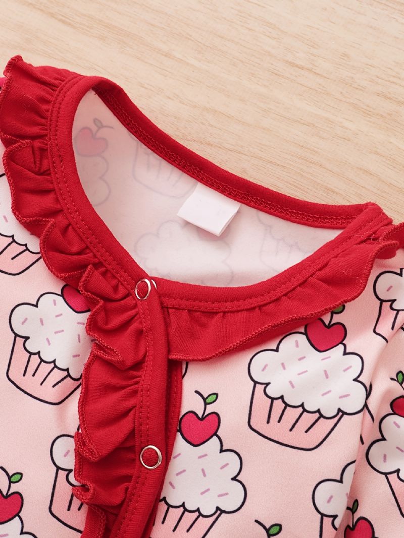Nyfødt Spedbarn Ruffle Romper Langermet Kake Print Jumpsuit For Baby Jenter Småbarnsklær