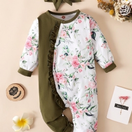 Nyfødt Spedbarn Ruffle Romper Skjøting Langermet Rundhals Blomsterprint Jumpsuit & Pannebånd For Baby Jenter Barneklær