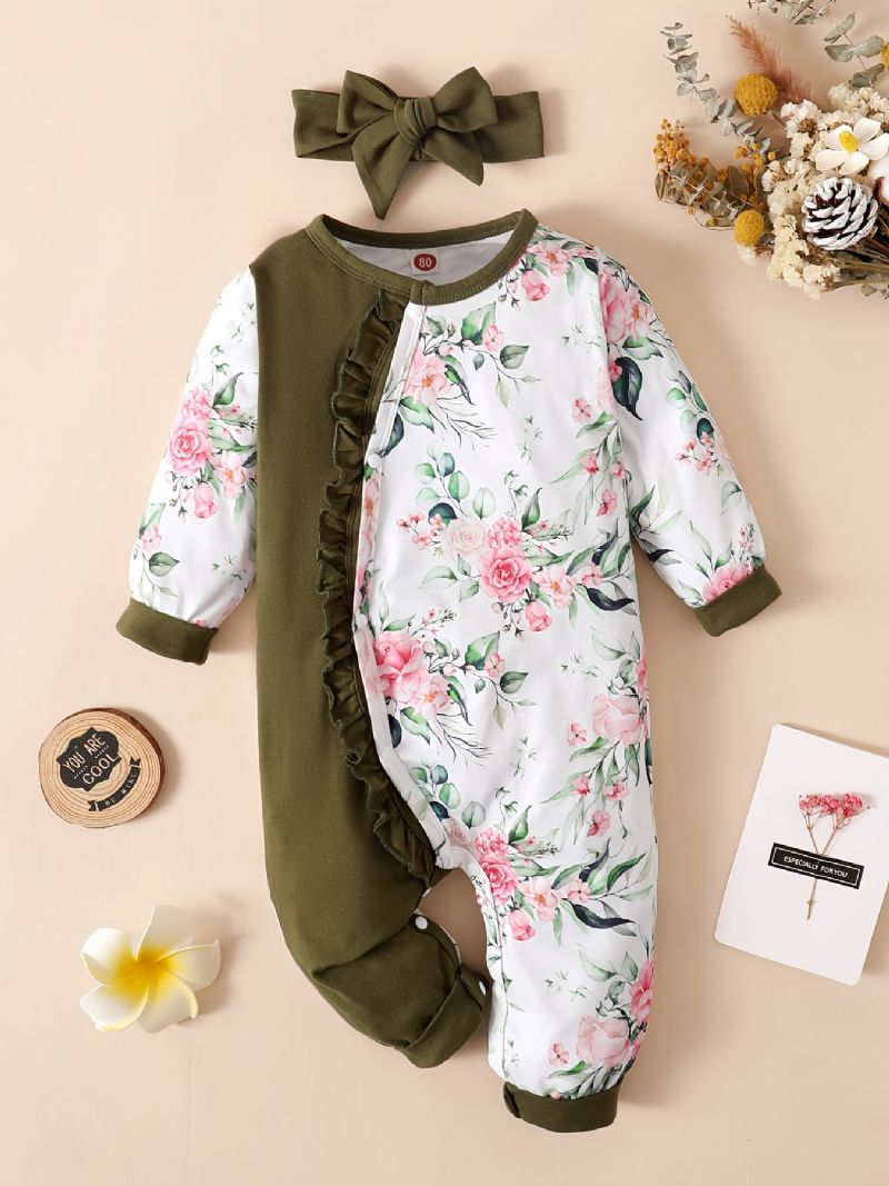 Nyfødt Spedbarn Ruffle Romper Skjøting Langermet Rundhals Blomsterprint Jumpsuit & Pannebånd For Baby Jenter Barneklær