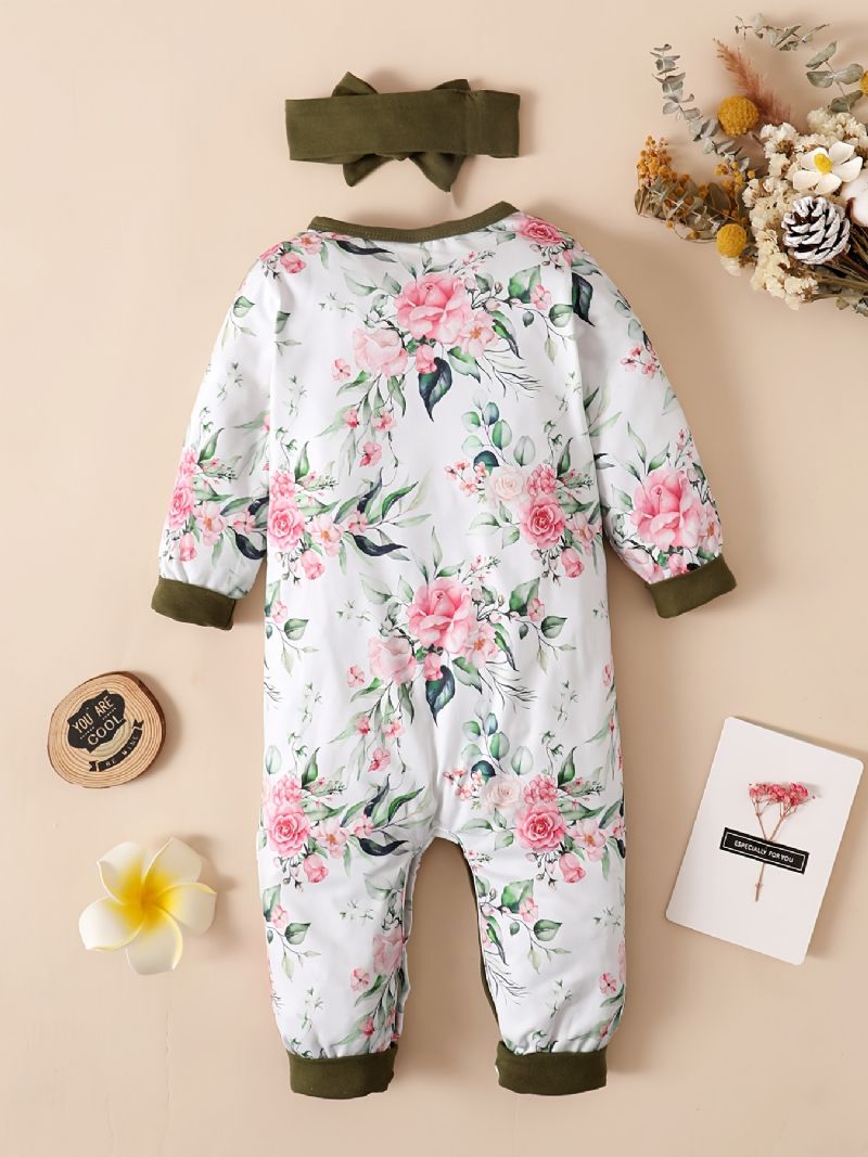 Nyfødt Spedbarn Ruffle Romper Skjøting Langermet Rundhals Blomsterprint Jumpsuit & Pannebånd For Baby Jenter Barneklær