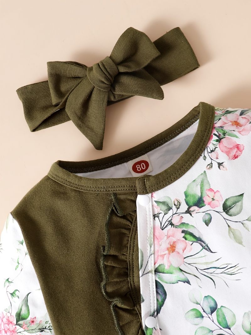 Nyfødt Spedbarn Ruffle Romper Skjøting Langermet Rundhals Blomsterprint Jumpsuit & Pannebånd For Baby Jenter Barneklær