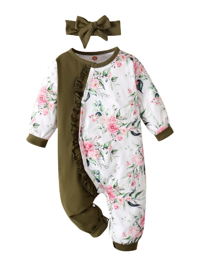 Nyfødt Spedbarn Ruffle Romper Skjøting Langermet Rundhals Blomsterprint Jumpsuit & Pannebånd For Baby Jenter Barneklær