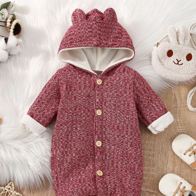 Rose Rød Flanell Fleece Jumpsuit Med Hette