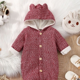 Rose Rød Flanell Fleece Jumpsuit Med Hette