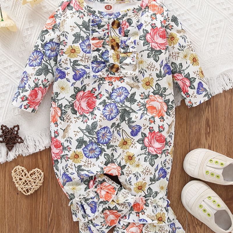 Småbarn Baby Flower Print Langermet Ruffles Jumpsuit Rompers For Jenter