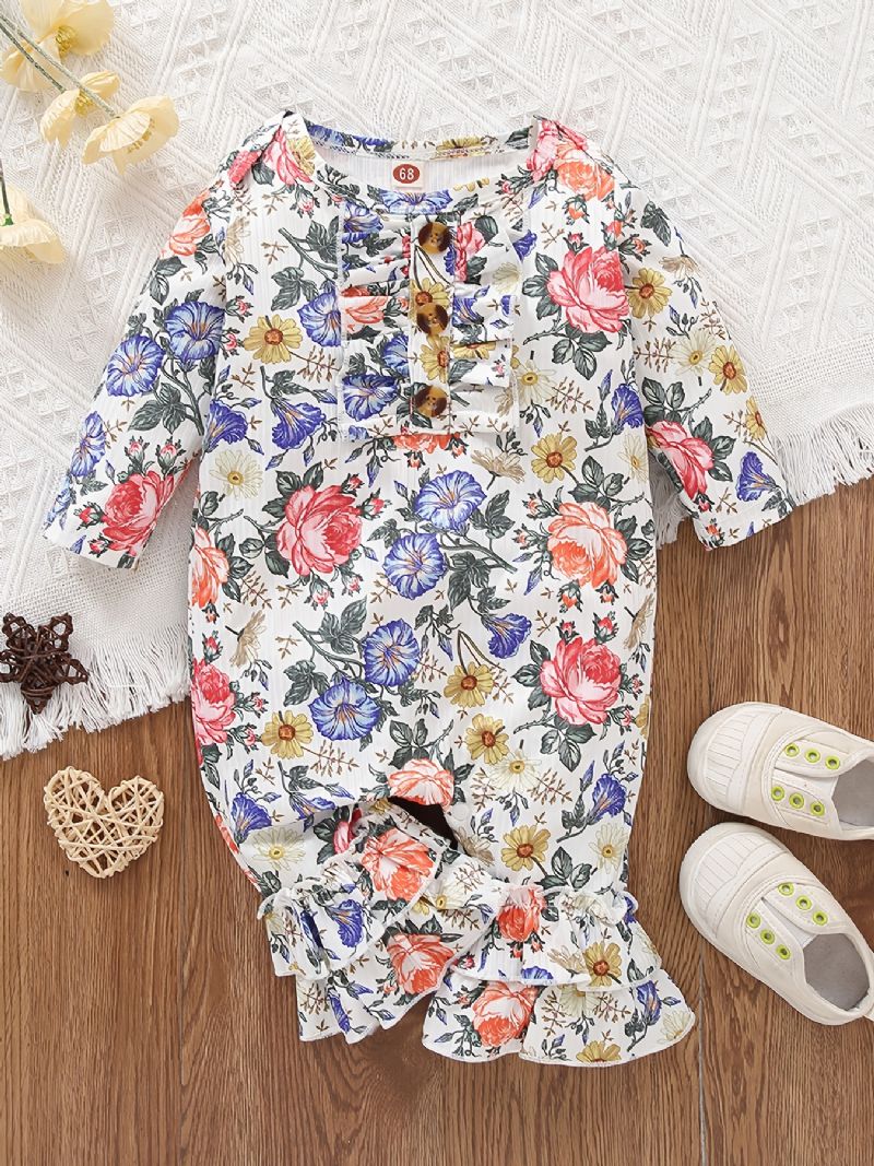 Småbarn Baby Flower Print Langermet Ruffles Jumpsuit Rompers For Jenter