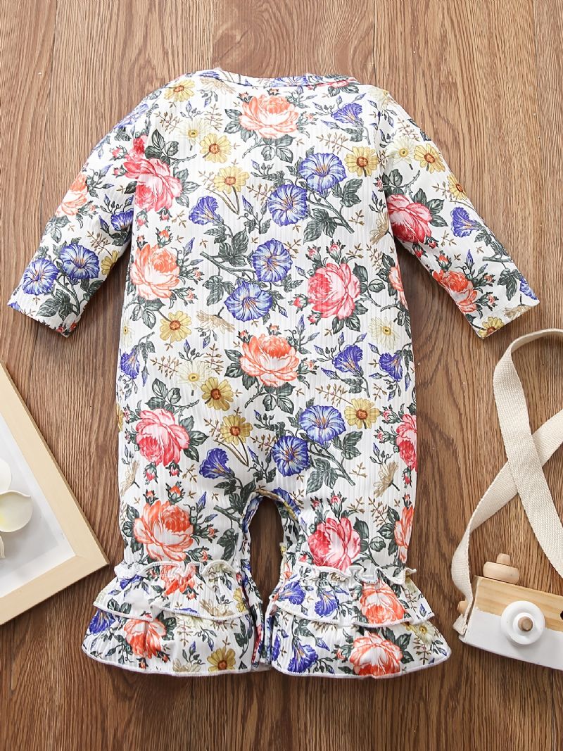 Småbarn Baby Flower Print Langermet Ruffles Jumpsuit Rompers For Jenter