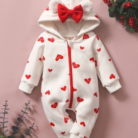 Småbarn Baby Heart Print Langermet Hette Jumpsuit For Jenter