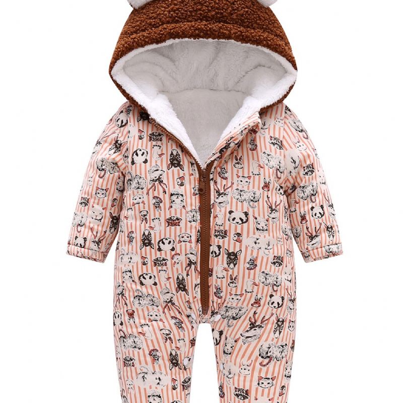 Småbarn Baby Hette Fleece Varm Jumpsuit Striper Tegneserietrykk Glidelås Langermet Bukse For Gutter Jenter