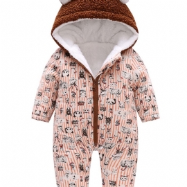 Småbarn Baby Hette Fleece Varm Jumpsuit Striper Tegneserietrykk Glidelås Langermet Bukse For Gutter Jenter