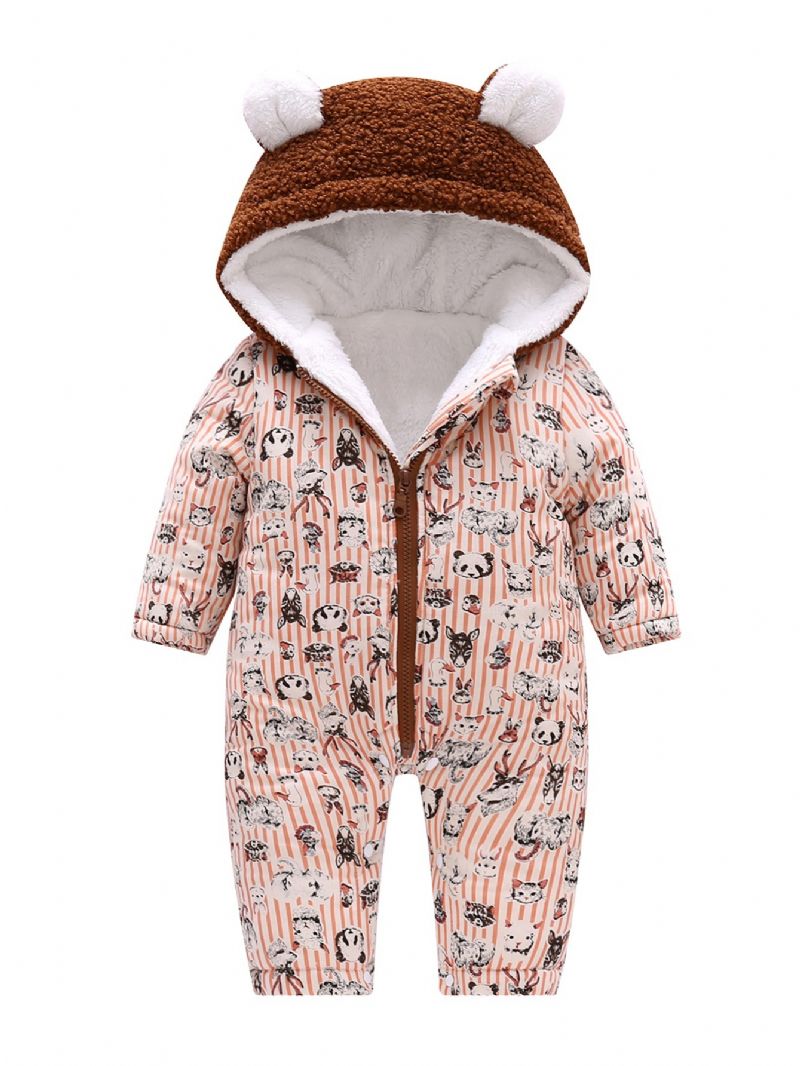 Småbarn Baby Hette Fleece Varm Jumpsuit Striper Tegneserietrykk Glidelås Langermet Bukse For Gutter Jenter