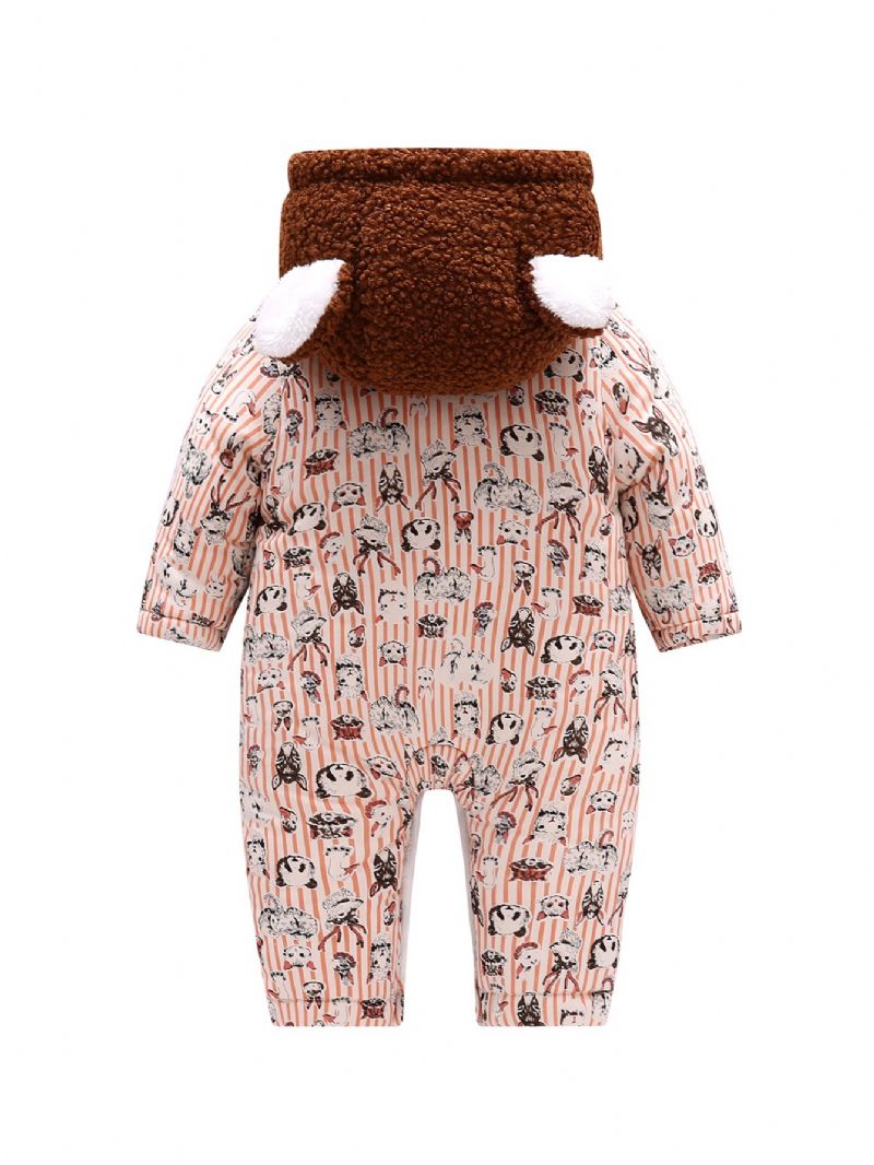 Småbarn Baby Hette Fleece Varm Jumpsuit Striper Tegneserietrykk Glidelås Langermet Bukse For Gutter Jenter