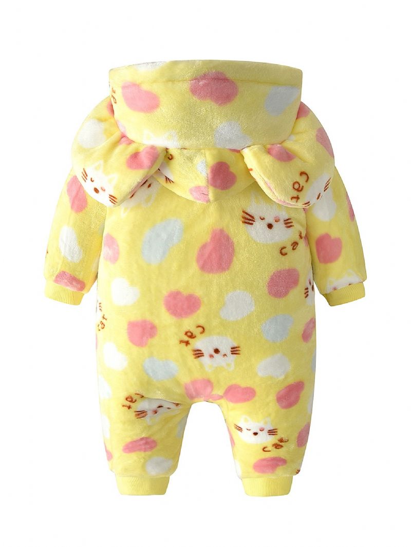 Småbarn Baby Hette Jumpsuit Hjerte Cat Print Langermet Glidelås Romper For Gutter Jenter