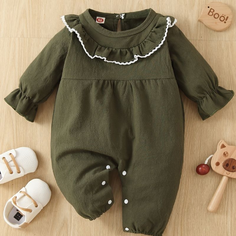 Småbarn Baby Jenter Jumpsuit Ensfarget Ruffle Trim Blonde Rund Hals Langermet Romper