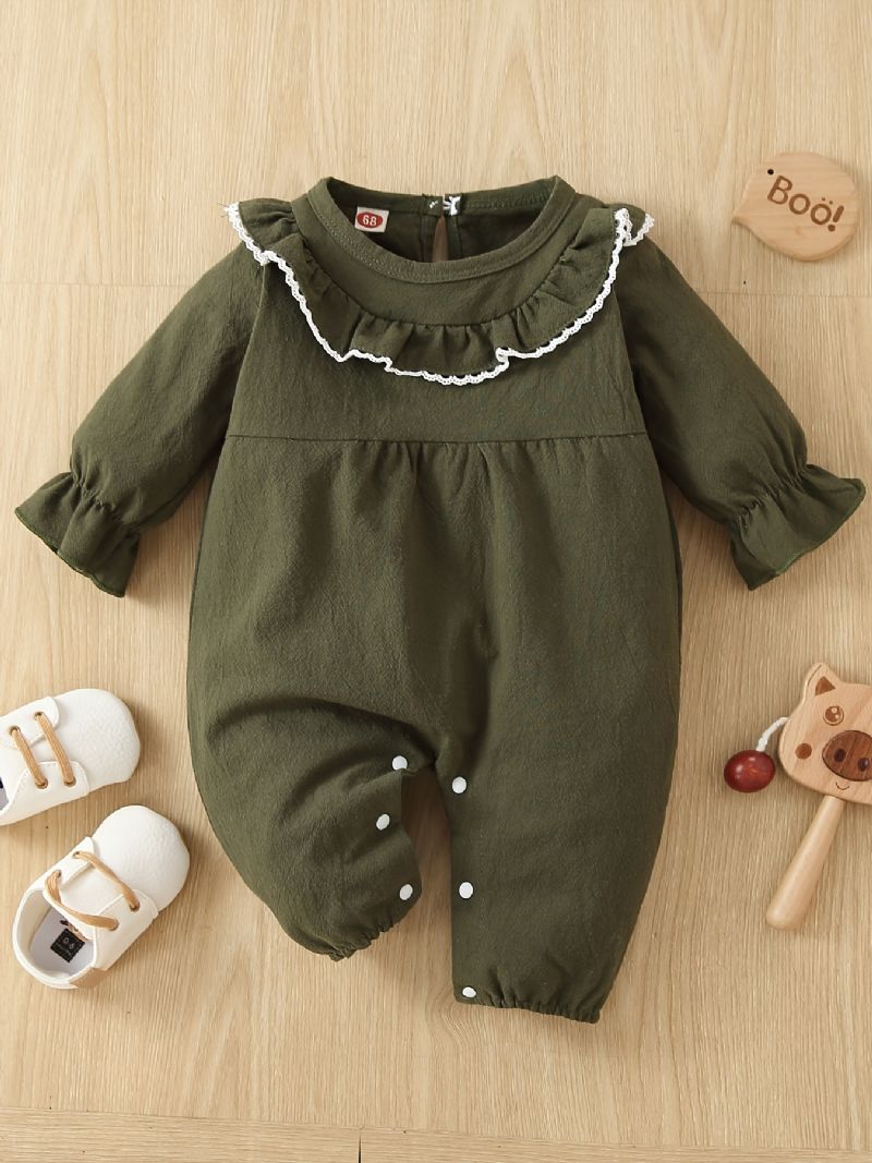 Småbarn Baby Jenter Jumpsuit Ensfarget Ruffle Trim Blonde Rund Hals Langermet Romper